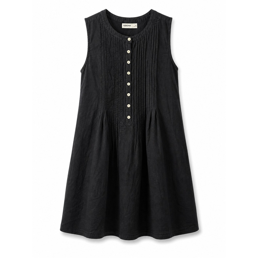 Sonoma Black Sleeveless Pintuck Linen Mini-Dress Women's XL with pockets  Boho